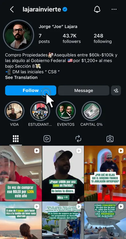 Perfil de Instagram @lajarainvierte de Joe Lajara, cuenta verificada con 43.7K seguidores